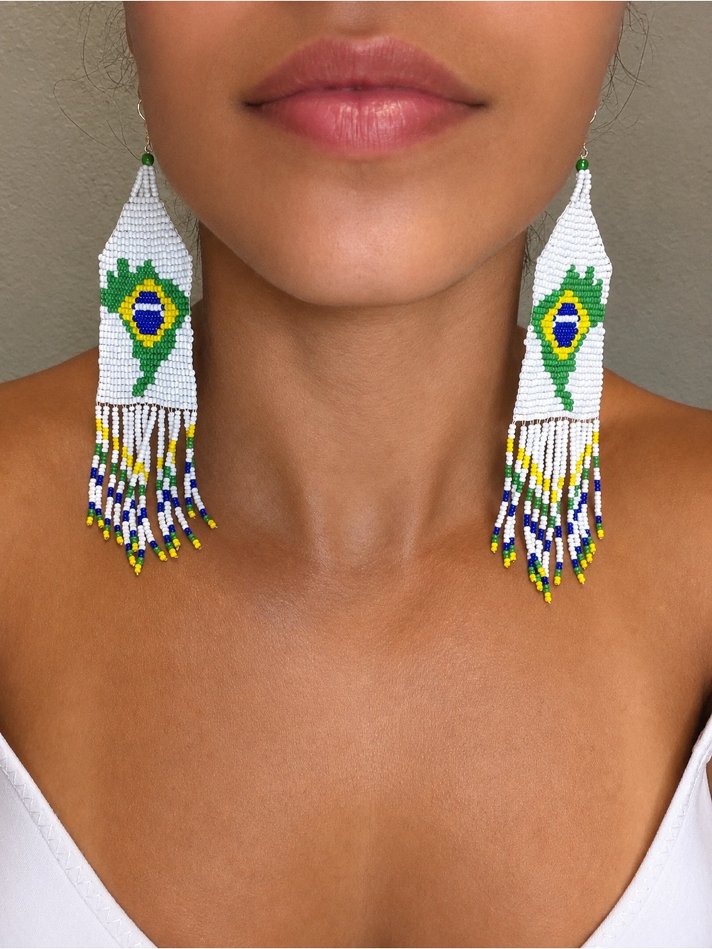 Beaded Fringe Earrings - White, Green, Blue & Yellow